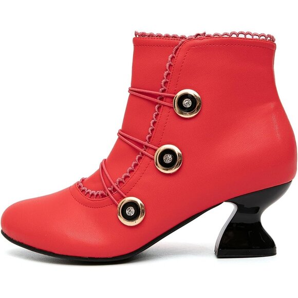 Women's Red Ankle Boots Low Heels Lace Buttons Round Toe Side Zipper - Picture 3 of 7